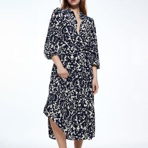 Zara Fall Printed Midi Dress Size S 3/4 Sleeve Blue Color